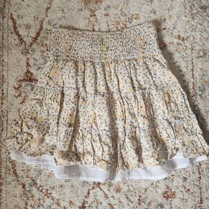 American Eagle Outfitters Yellow Floral Smocked Tiered Mini Skirt
